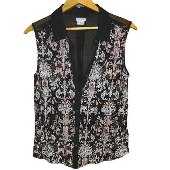 Cooperative Button Down Sheer Patterned High-Low Medium Vest - Picture 1 of 3